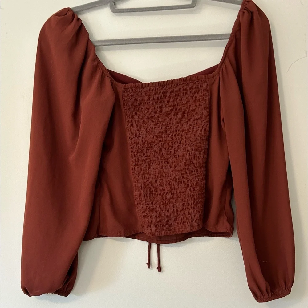 Abercrombie & Fitch Off-Smocked crop top puff sleeve tie front size s